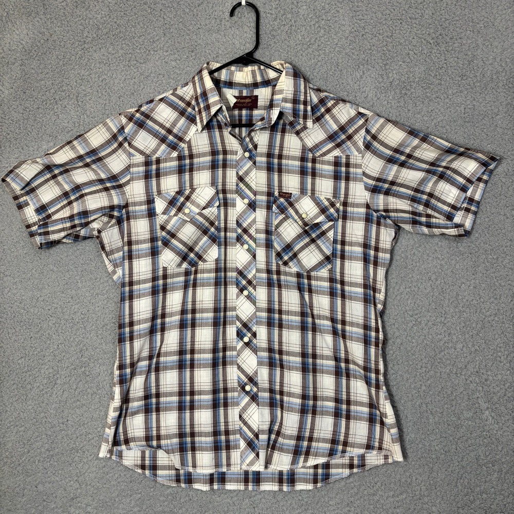 Vintage Wrangler Mens Brown Blue Plaid Pearl Snap Western Shirt USA Made Large